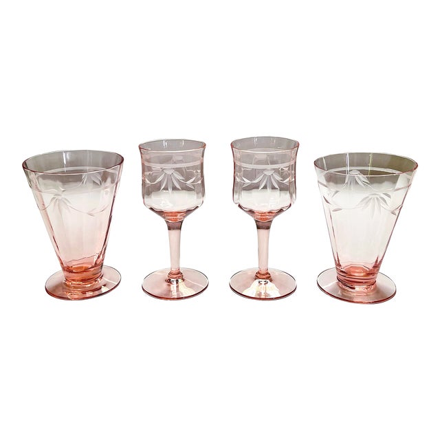 Vintage Pink Glassware Set- 2 Wine Glasses & 2 Footed Tumblers For Sale