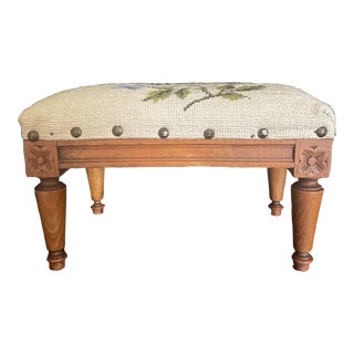 Early 20th Century Vintage Carved Footstool With Needlepoint For Sale