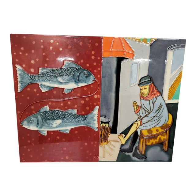 Vintage Ceramic Art Tile Pisces Horoscope Zodiac Sign, Large For Sale