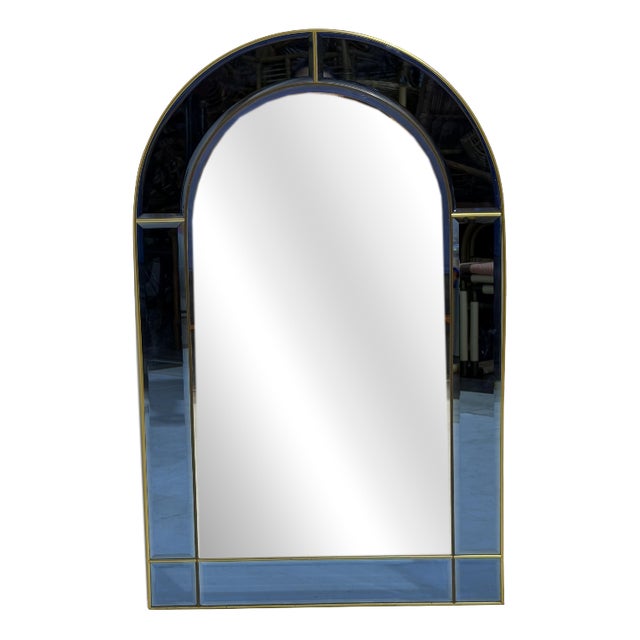 Italian Arched Wall Mirror with Blue Glass Frame in the style of Cristal Arte, 1970 For Sale