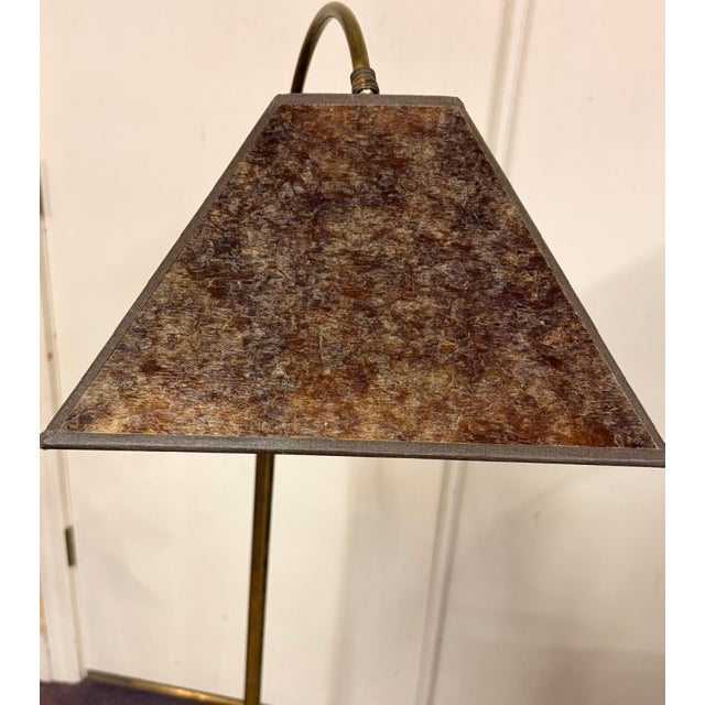 Metal Antique Arts and Crafts Brass Bridge Floor Lamp With an Amber Tone Mica Shade For Sale - Image 7 of 9