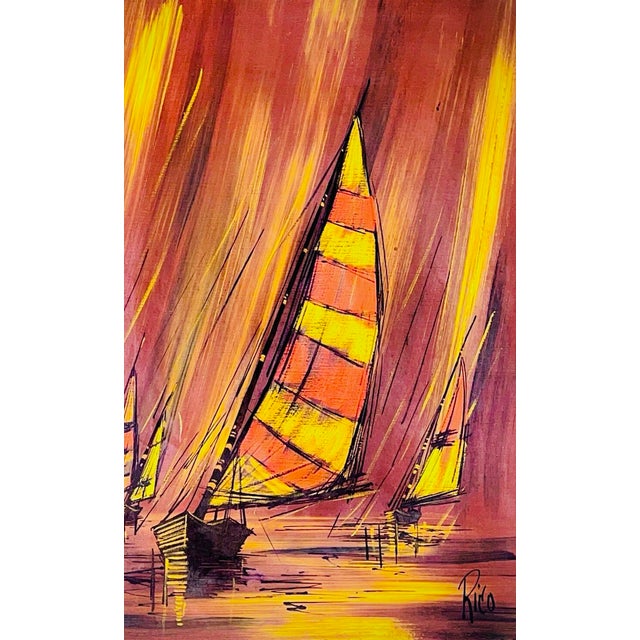 1970s Vintage Mid Century Modern Fiery Orange Abstract Sunset Sailboats Nautical Oil Painting Framed For Sale In Tampa - Image 6 of 15