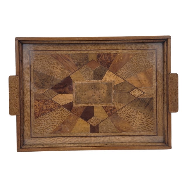 Art Deco Tray Marquetry and Glass, France, 1950s For Sale