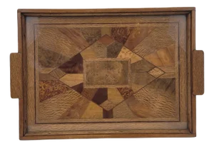 Art Deco Tray Marquetry and Glass, France, 1950s