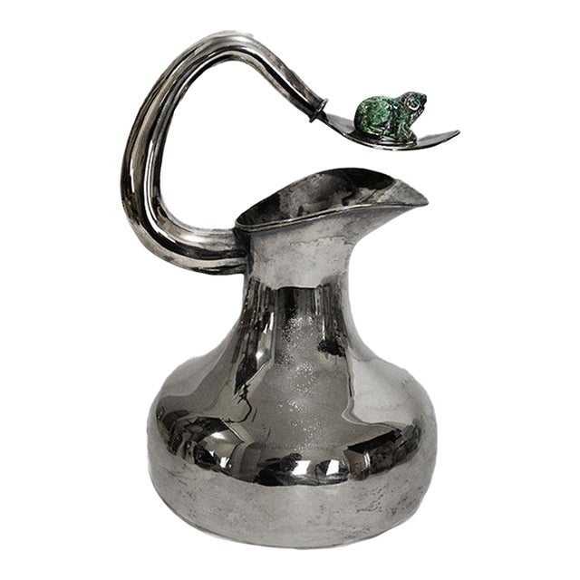 Los Castillo Taxco Silver Plate Pitcher Stone Frog Embellishment For Sale