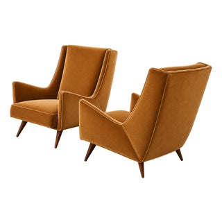 Brazilian Modern Pair of Camel Mohair Club Chairs in Hardwood, Att. To Novo Rumo, Brazil, 1960s For Sale