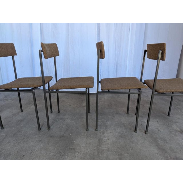 Vintage Industrial Black Metal School Chairs with Brown Fabric Seats, 1970s, Set of 4 For Sale - Image 17 of 18