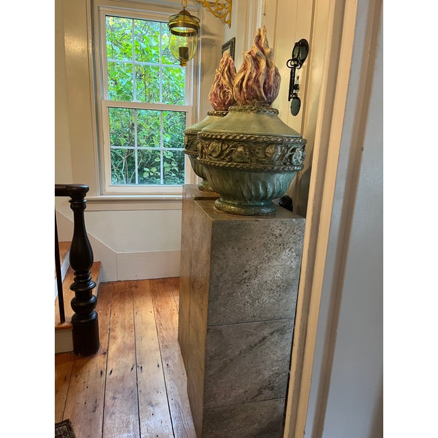 Pair of Late 20th Century French Glazed Ceramic Flaming Urns on Stand For Sale - Image 4 of 12