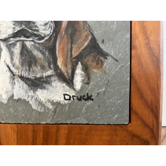 Late 20th Century Hand-Painted Artwork on a Natural Slate Tile, Signed "Druck" For Sale - Image 5 of 6