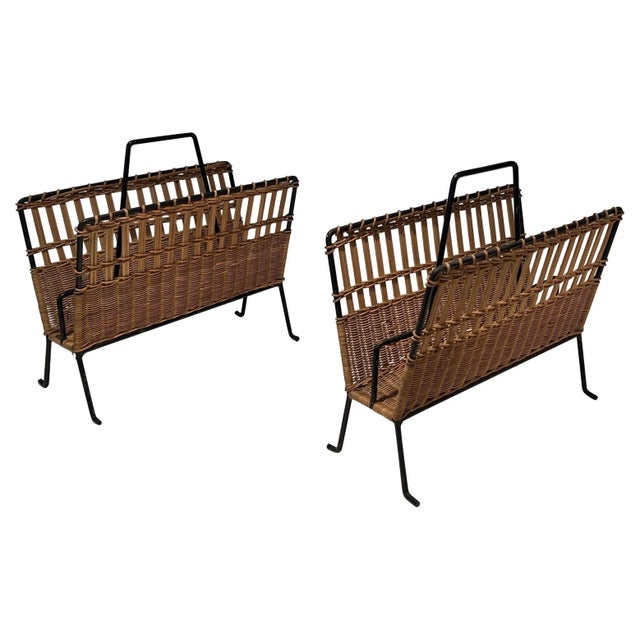 1950s 1950s Rattan and Black Lacquered Magazine Racks - a Pair For Sale - Image 5 of 11