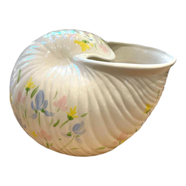 Vintage Large Palm Beach Hand Painted Shell Cachepot For Sale