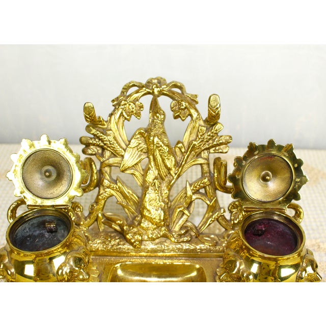 Antique Large Early 20th Century Inkwell Polished Solid Brass Ornamental Renaissance Style Dual Inkwell For Sale In Austin - Image 6 of 10