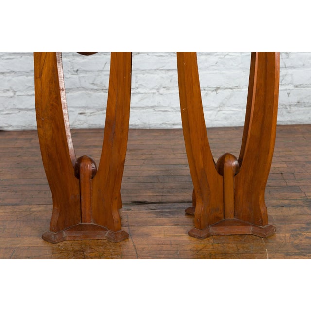 Mid 20th Century Javanese Art Deco Style Teak Wood & Brass Brace Plant Stands - A Pair For Sale - Image 12 of 13