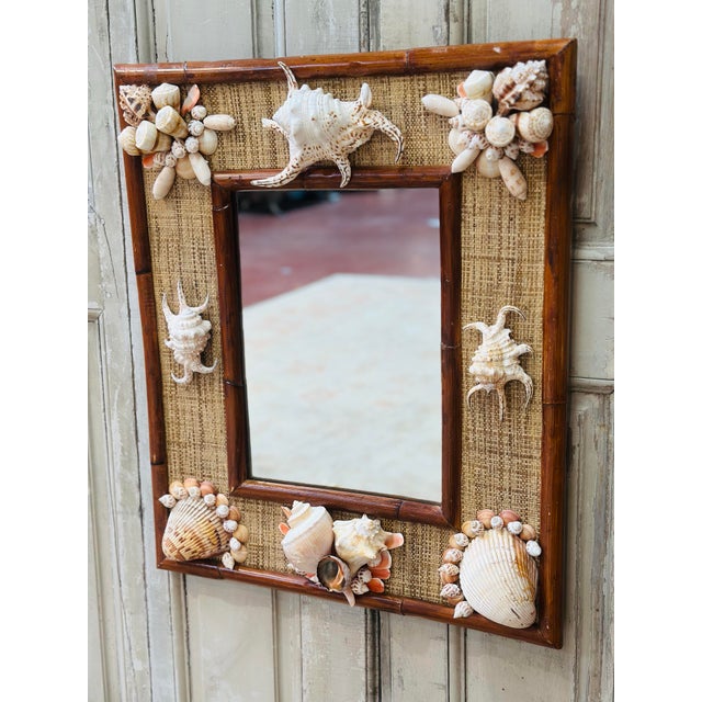 Wood Vintage Rattan and Shell Mirror For Sale - Image 7 of 9
