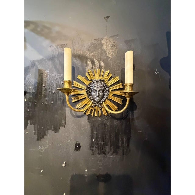 1920s 1930 Louise XIV Style Sunburst Shape Bronze Sconces 2 Lights For Sale - Image 5 of 8