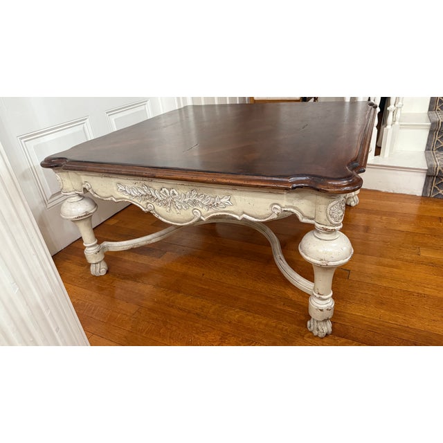 2000 - 2009 Distressed Habersham Square Coffee Table With Carved Ribbon & Laurel Detail For Sale - Image 5 of 14