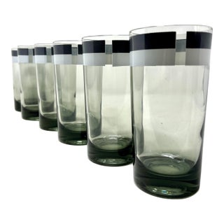 Mid 20th Century Mid Century Modern Green Tint Striped Highball Cocktail Glasses, Mod Op Art - Set of 6 For Sale