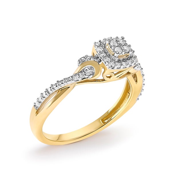 Contemporary 10K Yellow Gold Twisted Shank 1/10 Cttw Diamond Composite Halo Engagement Ring (I-J Color, I3 Clarity) - Size 6 For Sale - Image 3 of 6