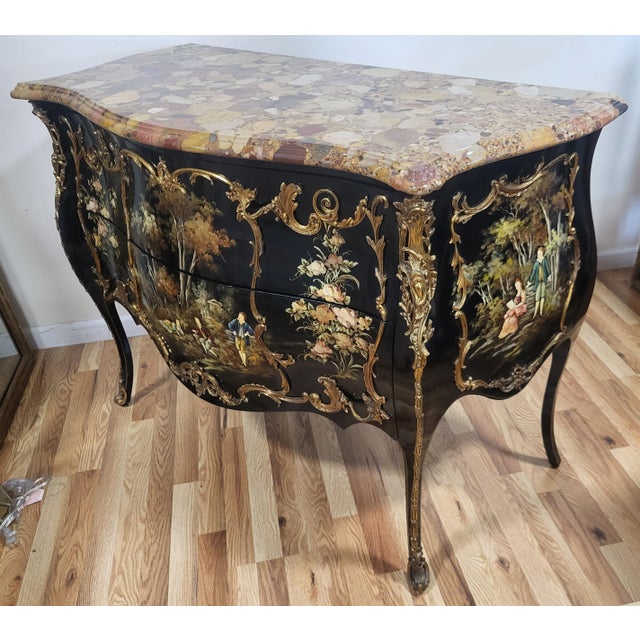 Vintage Louis XV Style Black Lacquered & Painted Marble Top Bronze Mounted Commode For Sale - Image 4 of 18