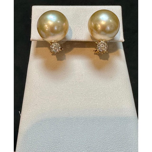 Gold 15 mm Round Golden South Sea Pearl & 1 Ct Diamond Cocktail Stud Earrings 14 KG For Sale - Image 8 of 18