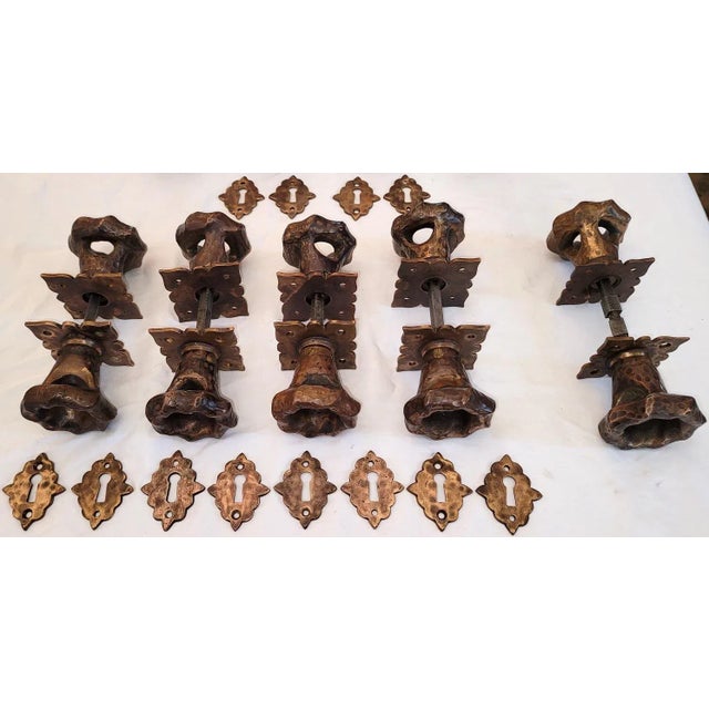 Set of 9 Art Nouveau Hand Beaten Bronze Door Handles With Plates For Sale - Image 10 of 13