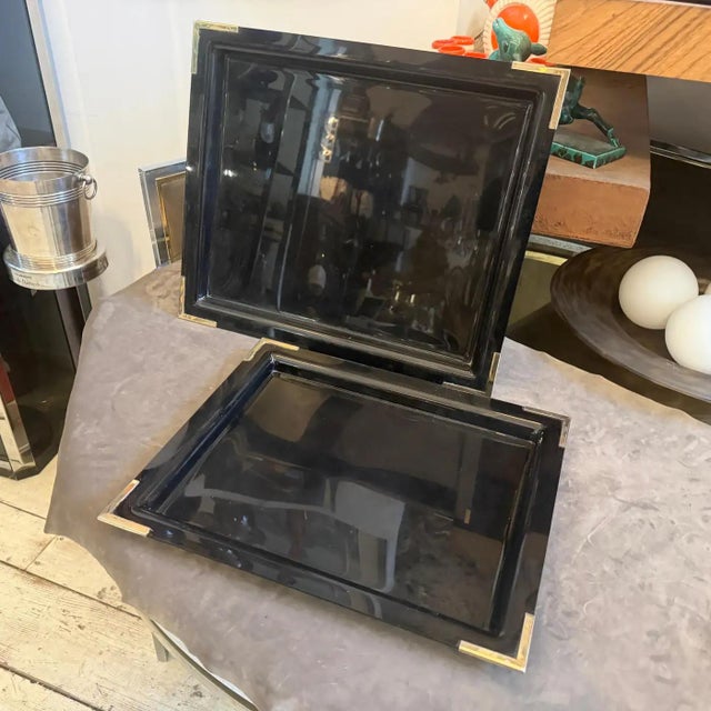 Set of Two 1970s Mid-Century Modern Black Lucite and Brass Barware Trays For Sale - Image 11 of 14