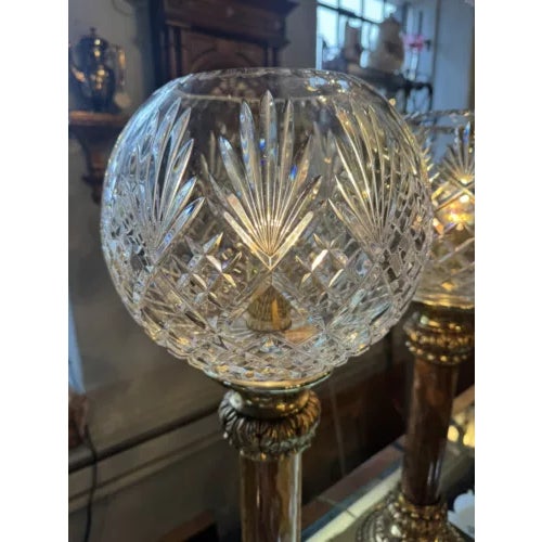 Pair of Mid 20th Century Brass and Marble With Cut Crystal Open Globe Torchiere Buffet Lamps For Sale - Image 10 of 12
