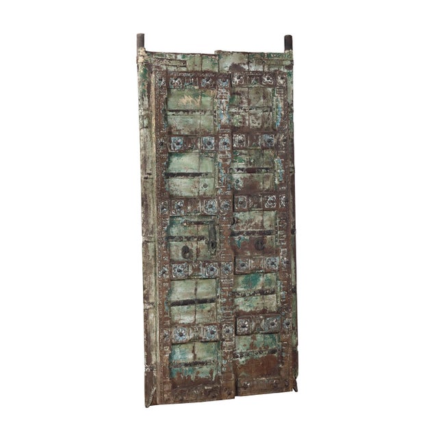 Antique Indian Painted Teakwood Gujarati Door For Sale - Image 9 of 9