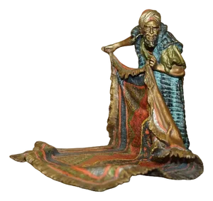 Antique Painted Bronze Rug Seller Statue by Franz Bergman, 1910s
