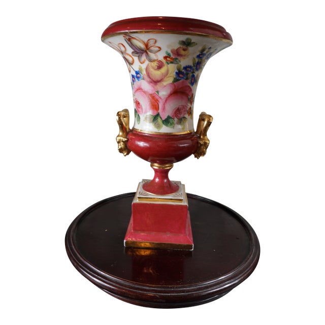 Vintage Hand-Painted Porcelain Urn With Gilt Ram-Head Handles For Sale