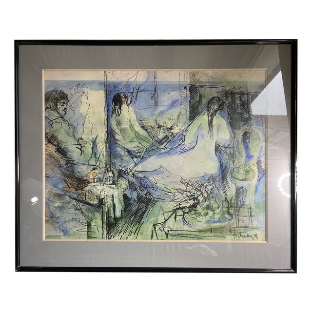 Ancellin, Nude in the Workshop, 1974, Watercolor For Sale