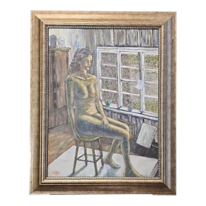 1974 Carton Card Original Oil on Canvas Painting - Rainy Day Nude