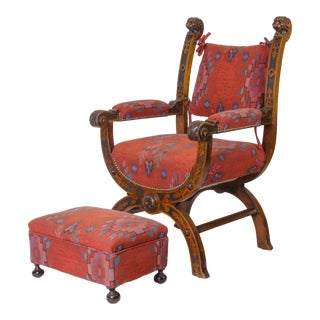 Renaissance Style Carved Walnut Savonarola Chair & Ottoman For Sale