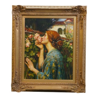 Late 20th Century Sole of a Rose Portrait Oil Painting on Burlap After John William Waterhouse 27" For Sale