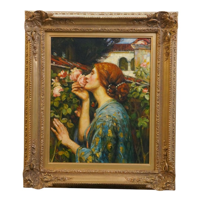 Late 20th Century Sole of a Rose Portrait Oil Painting on Burlap After John William Waterhouse 27" For Sale