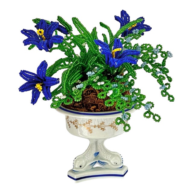 Vintage Bonwit Teller Italian Porcelain Urn With French Glass Beaded Trillium Floral Arrangement For Sale