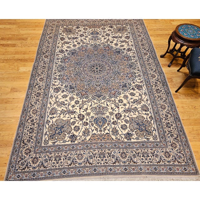 Textile Vintage Exceptionally Fine Persian Nain Area Rug, Hand-Knotted Wool & Silk, Floral Pattern, 7x11, Ivory & Blue For Sale - Image 7 of 18