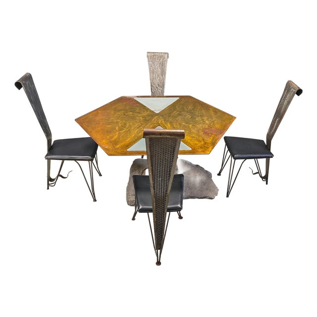 Hand Crafted Steel and Stone Dining Set with Glass, 1970s, Set of 5 For Sale