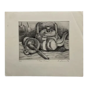 1998 Alina D. Pocian Woodblock Etching Artwork Titled Tea Time 7/18