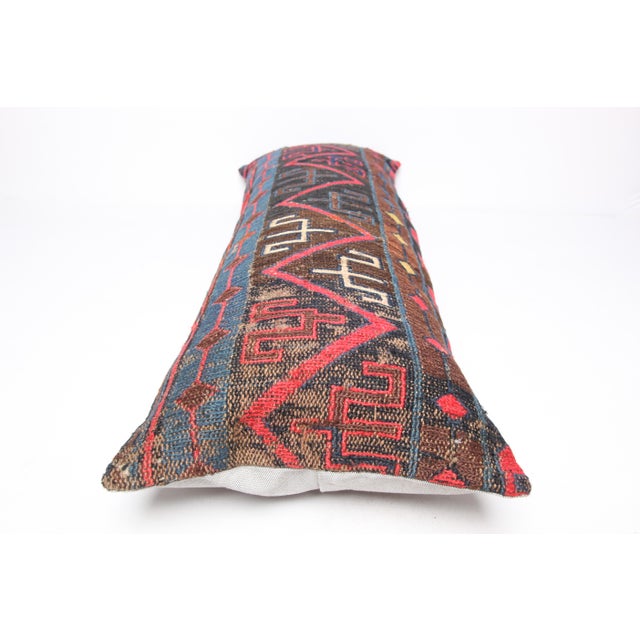 Mid 20th Century Handmade Flatweave Embroidery Caucasian Soumak Lumbar Pillow Cover -14'' X 38'' For Sale - Image 5 of 7