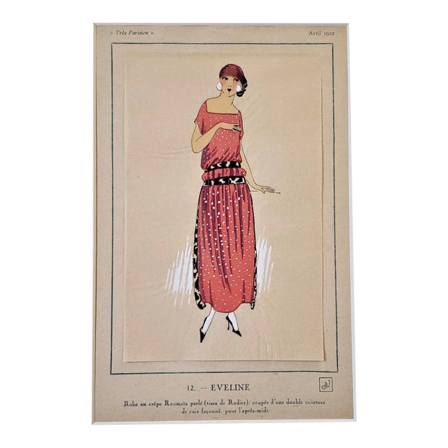 1922 Art Deco French Fashion Pochoir Print, Matted For Sale