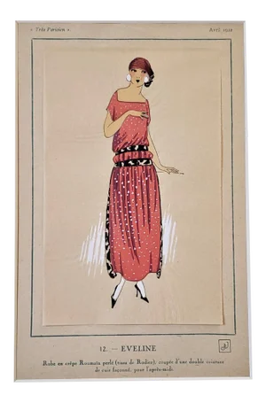 1922 Art Deco French Fashion Pochoir Print, Matted