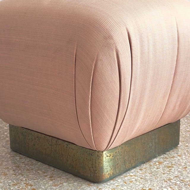 Blush-Upholstered Brass-Based Soufflé Ottoman Poufs by Marge Carson Circa 1986 - A Pair For Sale - Image 9 of 12