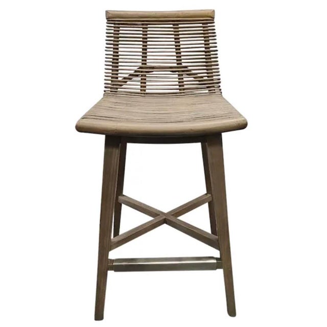 Interlude Home Sanibel Woven Rattan and Mahogany Counter Stool in Narragansett Grey For Sale - Image 9 of 10