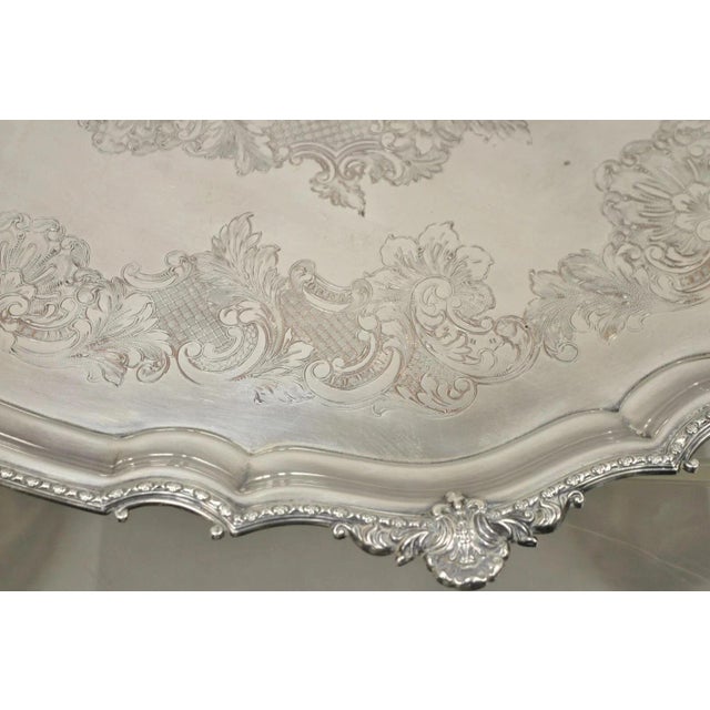 Metal Antique English Victorian Silver Plated Ornate Oval Serving Platter Bar Tray For Sale - Image 7 of 11