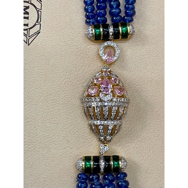 Blue 575 Ct Natural Tanzanite Bead Four Strand Necklace + 6.5 Ct Diamond 14 K Y Gold For Sale - Image 8 of 18