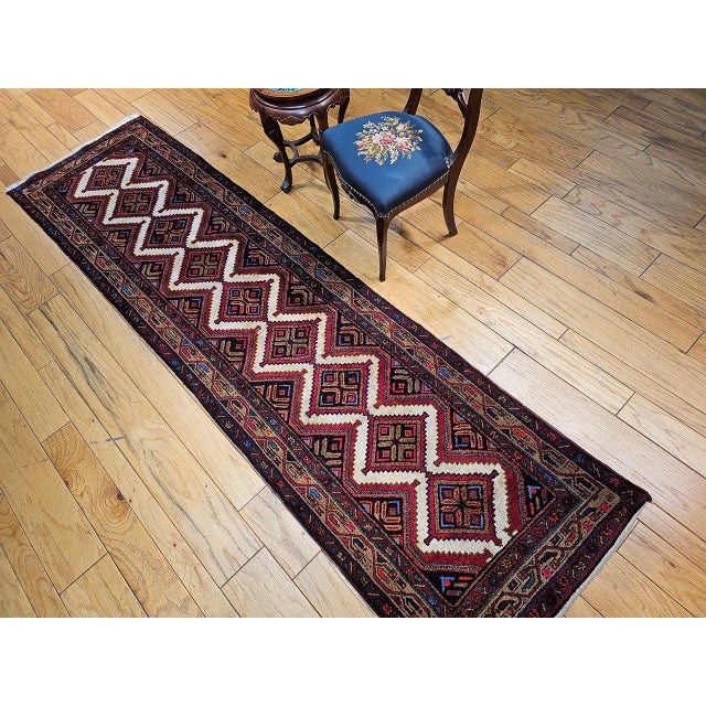 Red Vintage Persian Malayer Runner Rug, Hand-Knotted Wool, Geometric Pattern, 3x10, Ivory & Red For Sale - Image 8 of 15