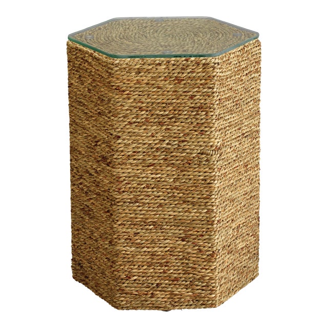 Jamie Young Peninsula Seagrass & Glass Side Table For Sale