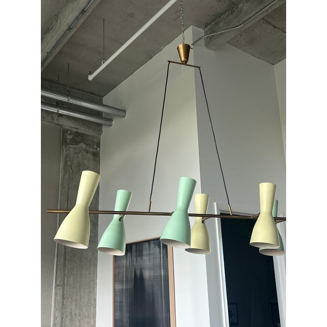 1950s Rare Stilnovo Linear Chandelier in Brass With Green and Yellow Shades For Sale - Image 10 of 13