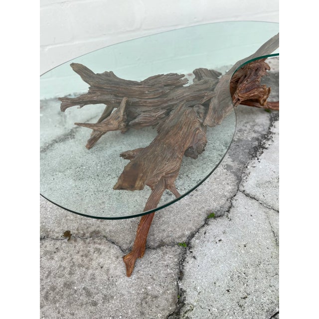 Gnarly Driftwood Base Coffee Table With Kidney Glass Top Chairish